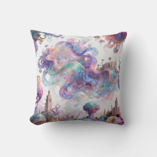 Aesthetic Pastel Fantasy City Ethereal Swirl Art Throw Pillow