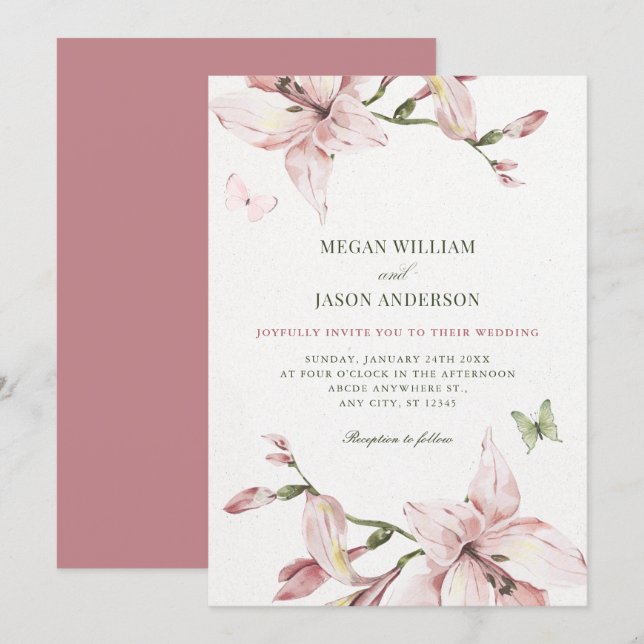 Aesthetic pink flower bloom wedding  invitation (Front/Back)