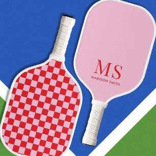 Aesthetic Pink Red Chequered Monogram Pickleball Paddle