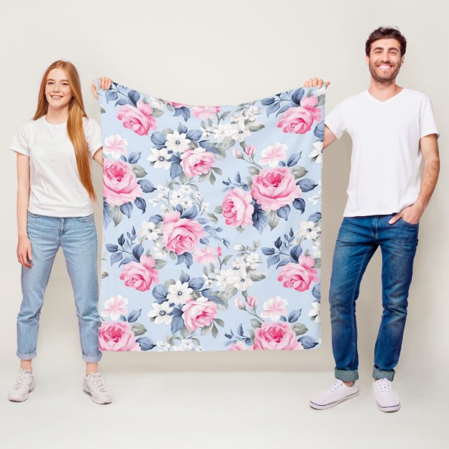 Aesthetic pink roses white flowers pattern fleece blanket (In Situ)