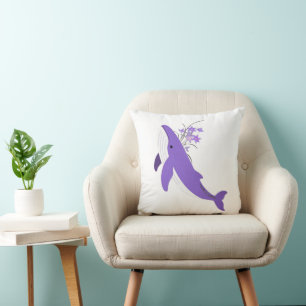 Aesthetic Purple Whale and Lilies 16x16 Square Throw Pillow