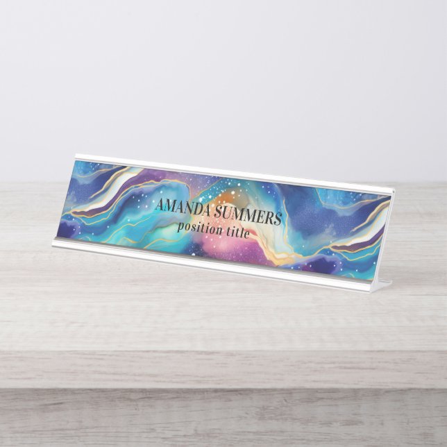 Aesthetic rainbow glitter agate texture desk name plate (Front)