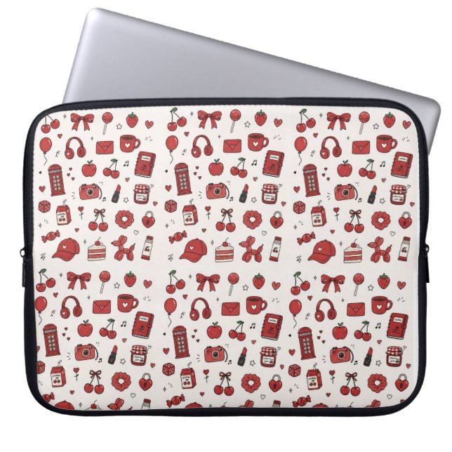 Aesthetic Red Doodle Pattern Laptop Sleeve Case | (Front)