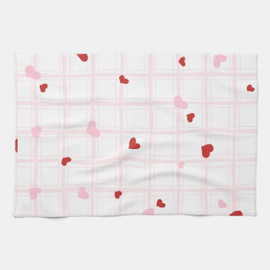 Aesthetic Red Hearts Pink Grid Coordinated Kitche Kitchen Towel