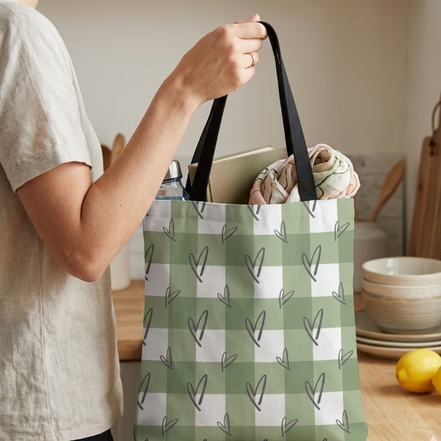 Aesthetic Sage Green Heart Gingham AOP Tote Bag (Creator Uploaded)