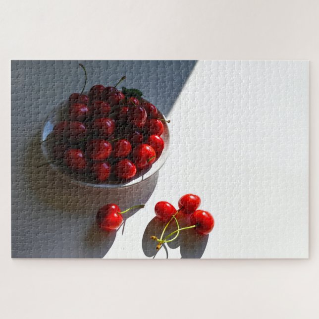 Aesthetic still life with ripe cherries on a white jigsaw puzzle (Horizontal)