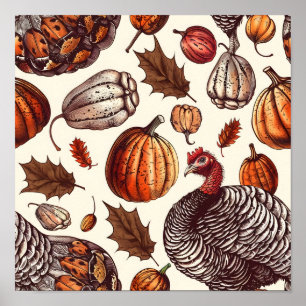 Aesthetic Turkey and Gourd Pattern Poster