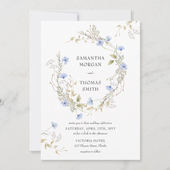 Aesthetic watercolor dusty blue wildflowers sage invitation (Front)
