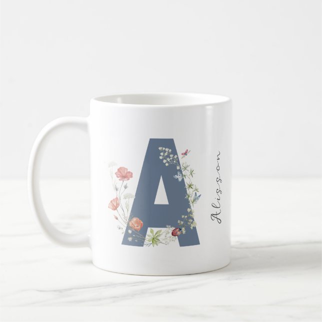 Aesthetic Watercolor Floral Letter A Monogram Coffee Mug (Left)