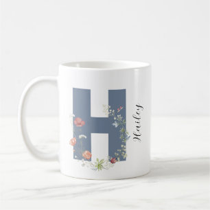Aesthetic Watercolor Floral Letter H Monogram Coffee Mug