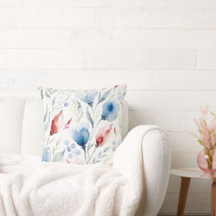 Aesthetic Watercolor Patriotic Wildflowers Throw Pillow