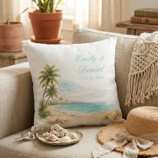 Aesthetic Watercolor Tropical Beach Wedding Names Throw Pillow