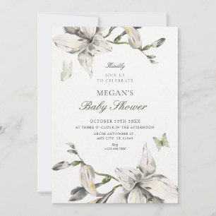 Aesthetic white grey flower bloom baby shower invitation