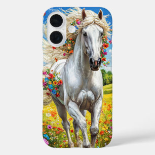 Aesthetic White Horse in Flower Meadow iPhone 16 Case