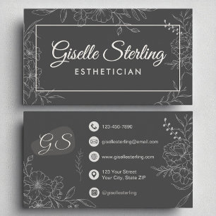 Aesthetician Moody Charcoal Grey Floral Modern Business Card