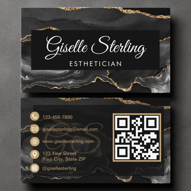 Aesthetician QR Code Black Gold Agate Luxury  Business Card (Creator Uploaded)