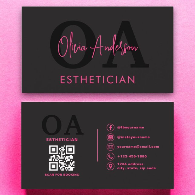 Aesthetician QR Code Hot Pink Black Social Media Business Card (Creator Uploaded)