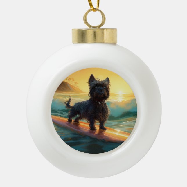 Affenpinscher Beach Surfing Painting Ceramic Ball Christmas Ornament (Front)