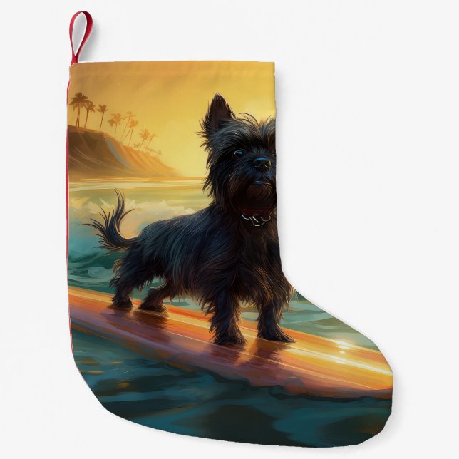 Affenpinscher Beach Surfing Painting Small Christmas Stocking (Front)