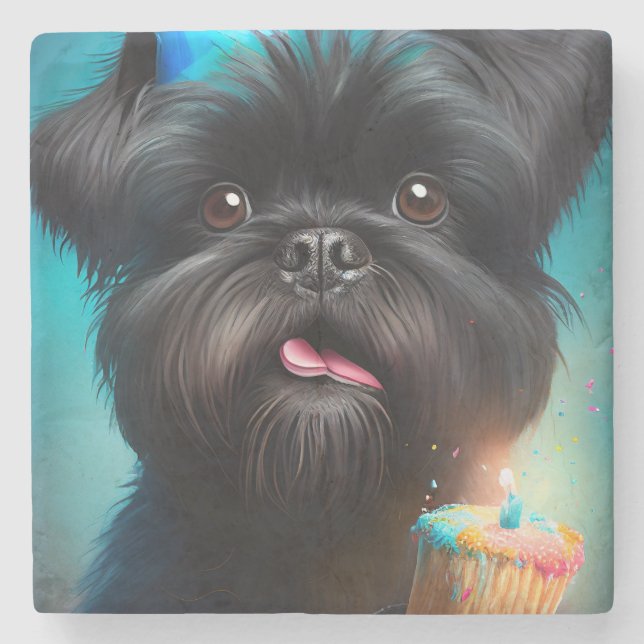 Affenpinscher celebrating Birthday Balloons cake Stone Coaster (Front)