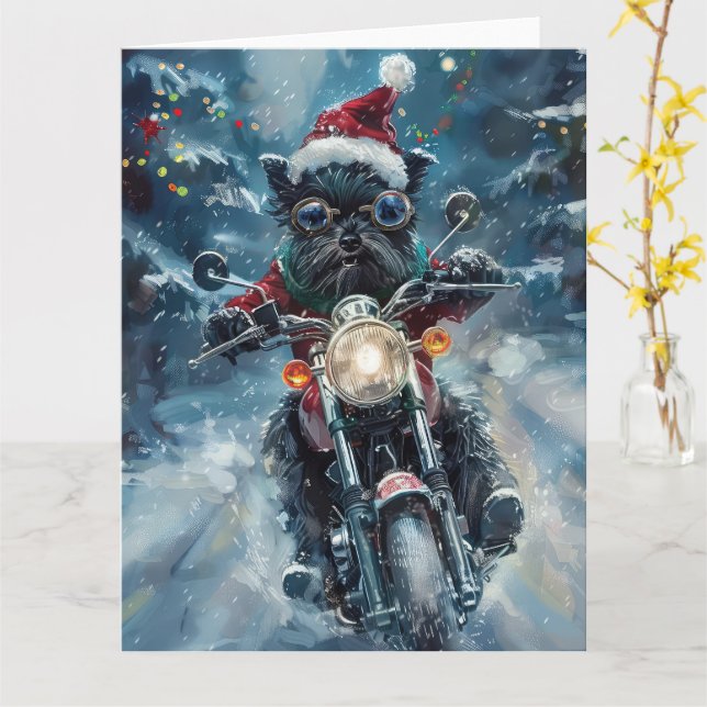 Affenpinscher Dog Riding Motorcycle Christmas Card (Yellow Flower)