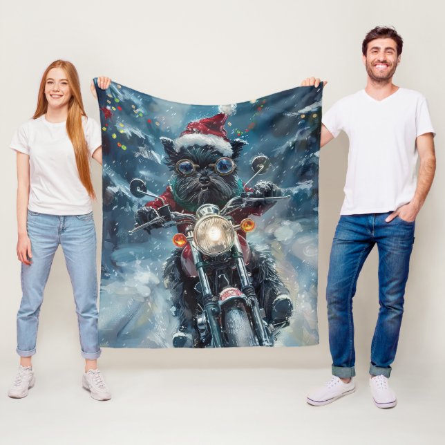 Affenpinscher Dog Riding Motorcycle Christmas Fleece Blanket (In Situ)