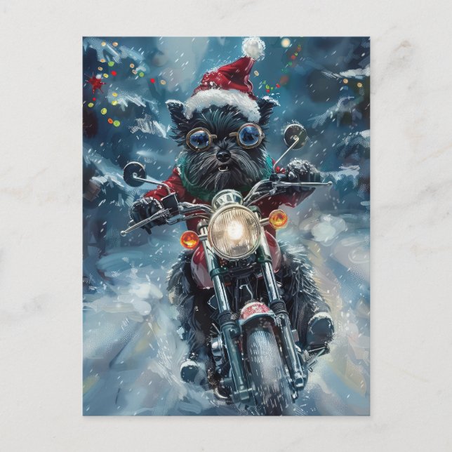 Affenpinscher Dog Riding Motorcycle Christmas Invitation Postcard (Front)
