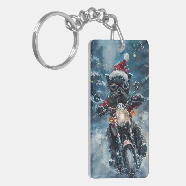 Affenpinscher Dog Riding Motorcycle Christmas Keychain (Front Left)