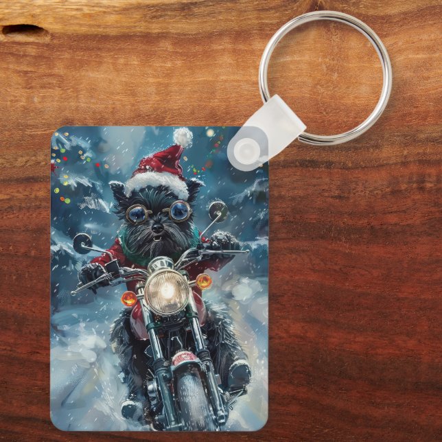 Affenpinscher Dog Riding Motorcycle Christmas  Keychain (Back)
