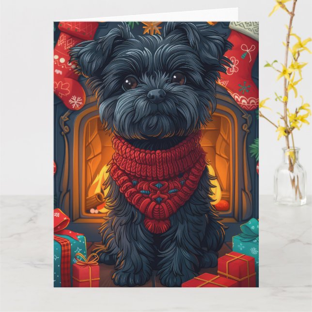 Affenpinscher Dog With Christmas Gifts Fireplace Card (Yellow Flower)