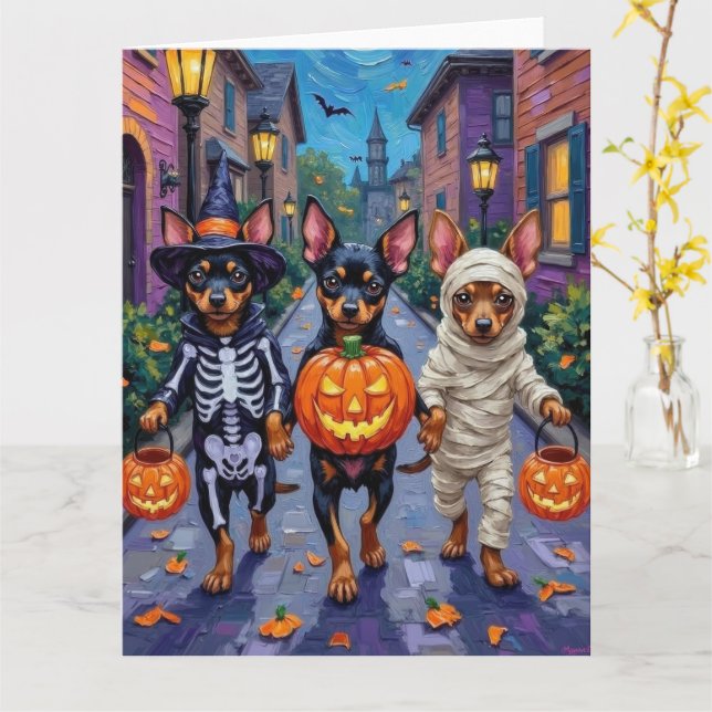 Affenpinscher Dogs Trick-or-Treating in Halloween  Card (Yellow Flower)