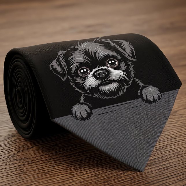 Affenpinscher Funny Peeking Puppy Dog Lover Tie (Affenpinscher neck tie.)