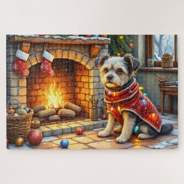 Affenpinscher Sitting Fireplace Christmas Lights Jigsaw Puzzle (Horizontal)