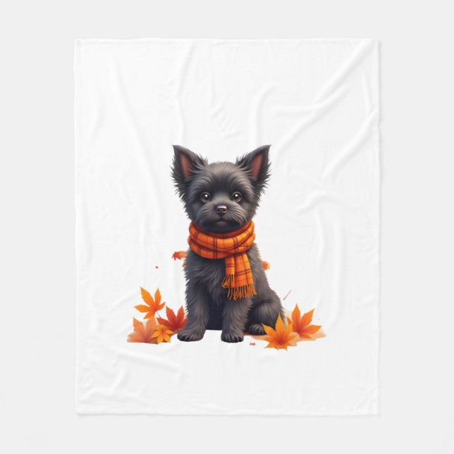 Affenpinscher With Heart Made Of Autumn Leaves Fleece Blanket (Front)