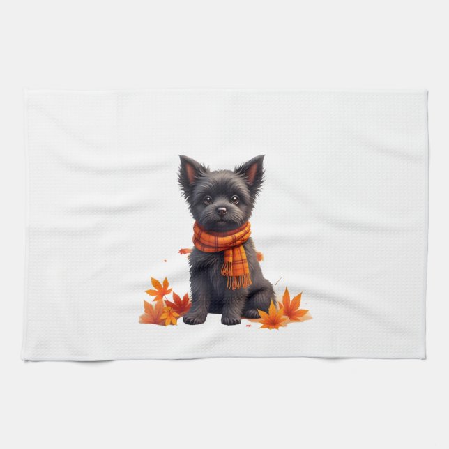 Affenpinscher With Heart Made Of Autumn Leaves Kitchen Towel (Horizontal)