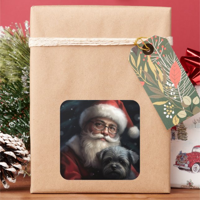 Affenpinscher with Santa Claus Festive Christmas Square Sticker (Holiday)