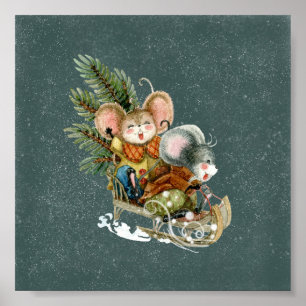 Affiche (15,2 x 15,2cm) - Deux souris sur un traîn