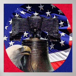 Affiche aigle américain chauve, cloche et drapeau