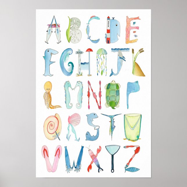 Affiche Alphabet Animaux de l'Océan - 13 x 19 pouc (Devant)