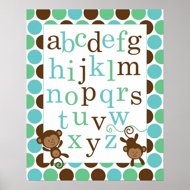 Affiche Alphabet pour Nounours Bleu Vert Singes (Devant)