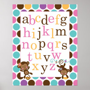 Affiche Alphabetique pour Nounou Singe Rose