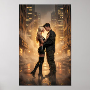 Affiche Amants sous la pluie dans une rue dorée