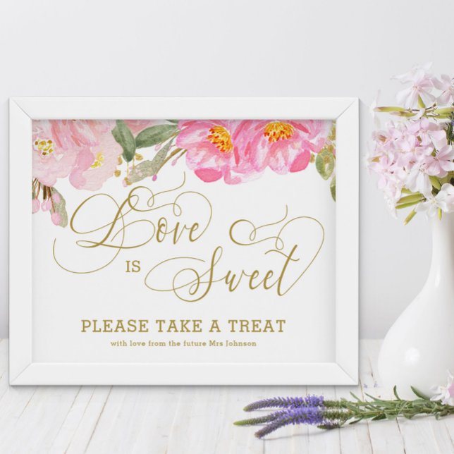 Affiche Amour Floral Rose Calligraphie Dorée Est S (Love is Sweet treat table sign from my Pink and Gold Watercolor Floral Collection)