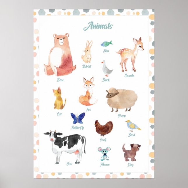 Affiche Animaux, Art mural imprimable, Éducatif (Devant)