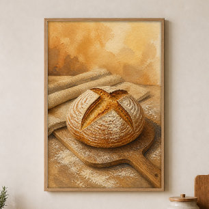 Affiche aquarelle Boule au levain sur une pelle