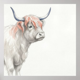 Affiche aquarelle de vache des Highlands rose