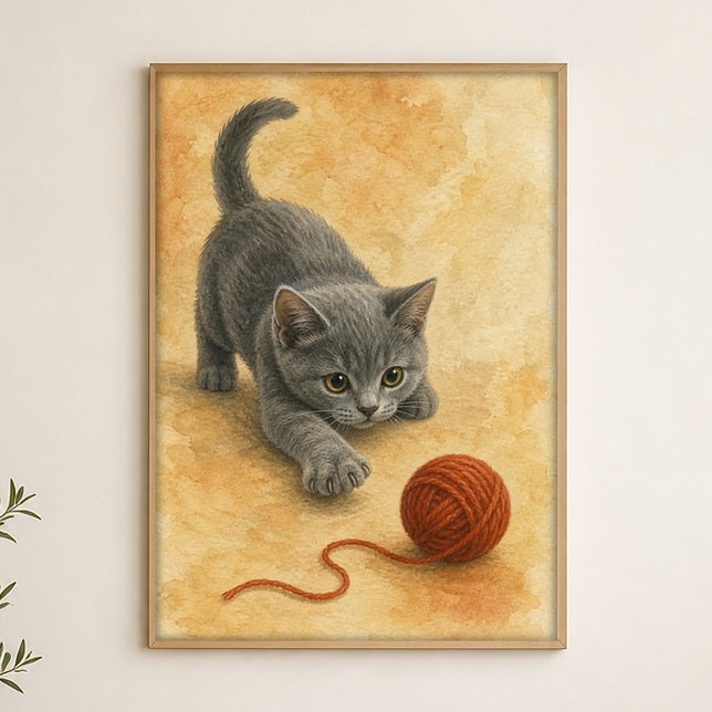 Affiche aquarelle d'un chaton frappant une pelote  (Shown framed for scale. Poster ships unframed; frames are an optional add-on.)