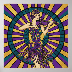 Affiche Art Déco de violoniste violet et or Flappe