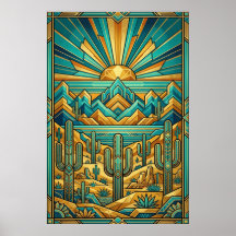 Affiche Art Déco du désert au coucher du soleil - 