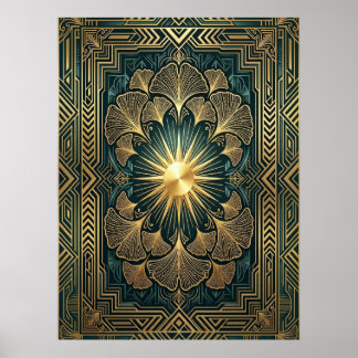 Affiche Art Déco feuille de Ginkgo en soleil levan